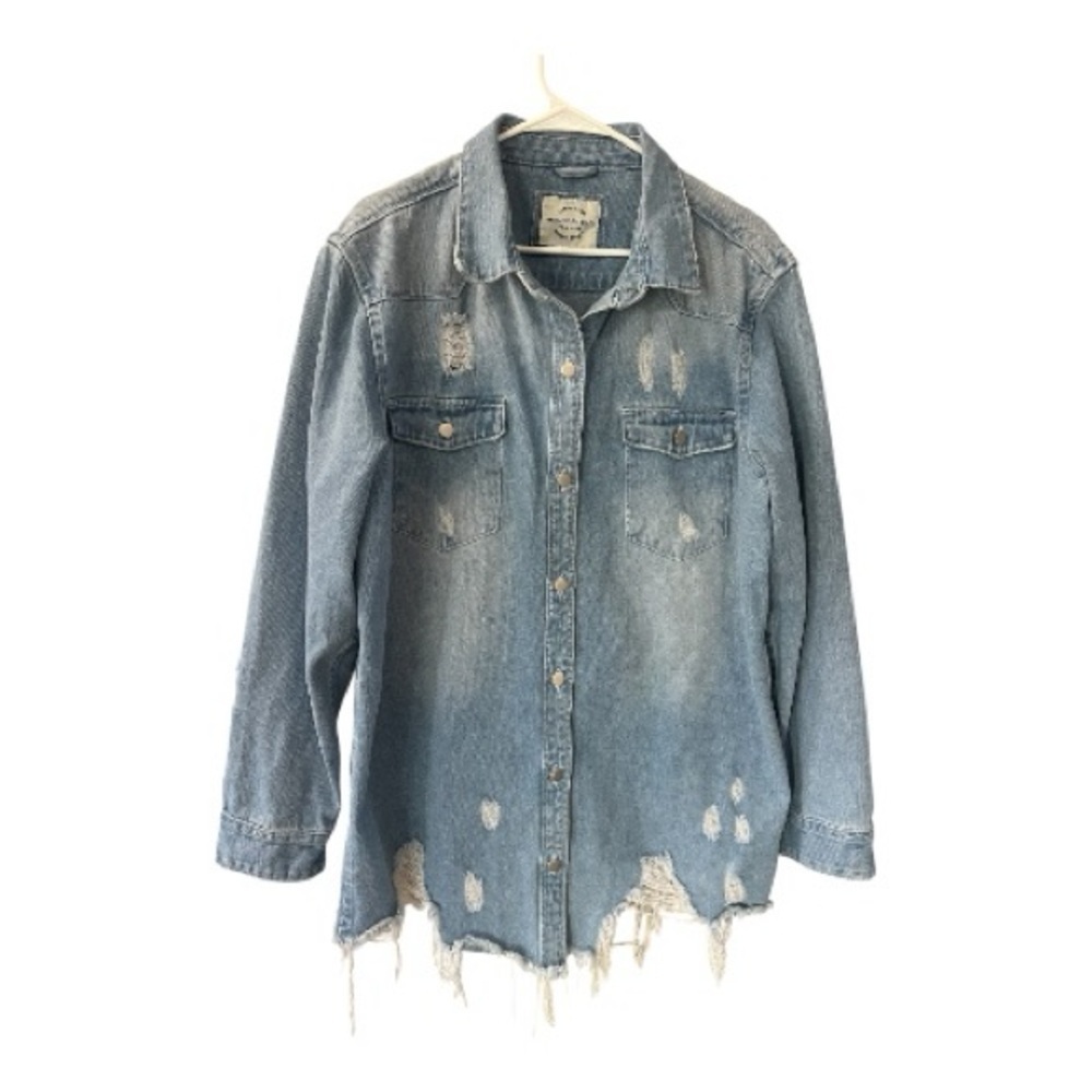 American Bazi Light Blue Distressed Denim Jacket Size 2X - Picture 2 of 10